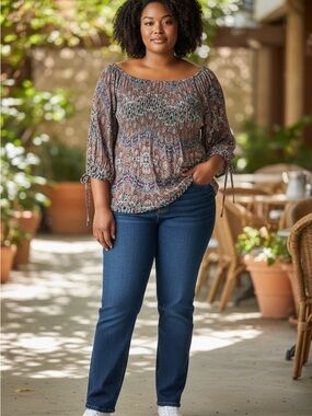 Rose & Olive plus size  Pink Multi Paisley Smocked Peasant Top size 1X